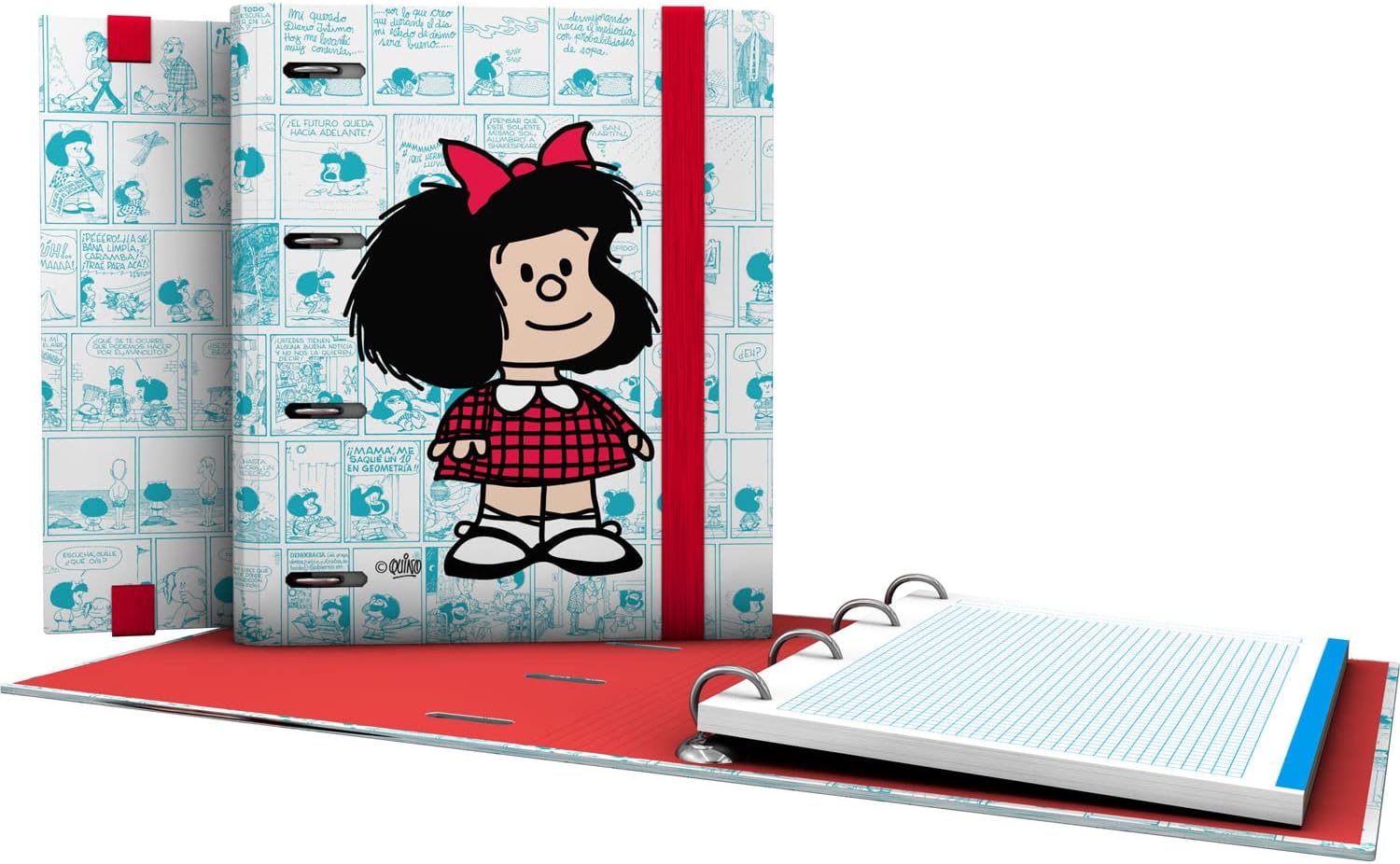 Grafoplás | Archivador Anillas A5 | Mafalda Viñetas | Incluye Recambio Hojas Cuadricula 5x5 Borde Color | Lomo Curvo | Carpebook | Certificado FSC