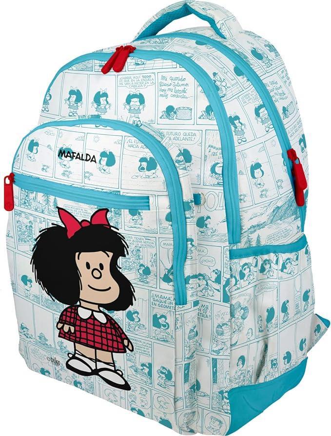 Grafoplás | Mochila Escolar | Mafalda Viñetas | 33x46x22,5cm | 3 Compartimentos | Modelo Rubber | Zona Acolchada para Portátil