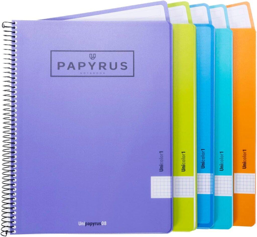 Unipapel 98462093. Pack de 5 Cuadernos con 80 Hojas Microperforadas, A4+, Cuadrícula 5mm, Banda de Color, 90 Gramos, Tapas Polipropileno, Papyrus 08