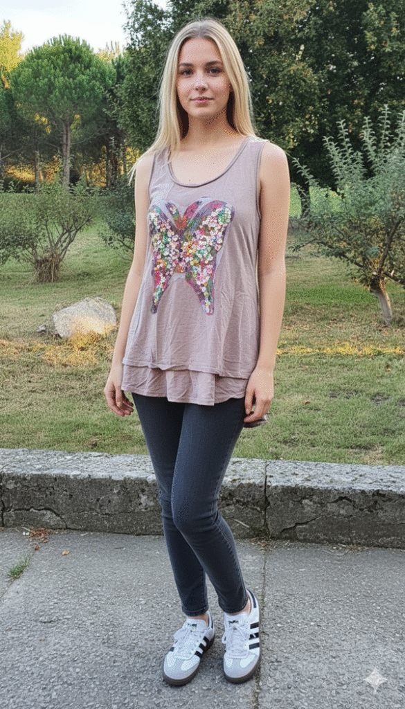 Camiseta sin manga marrón con mariposa