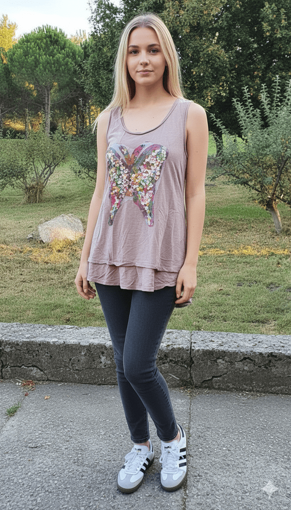 Camiseta sin manga marrón con mariposa